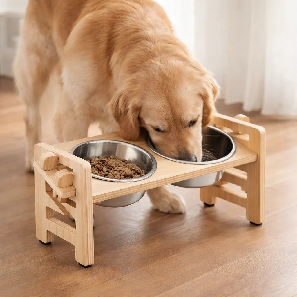 Elevated Wooden Double Dog Feeder