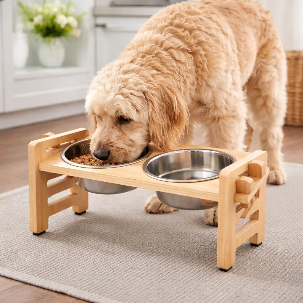 Elevated Wooden Double Dog Feeder